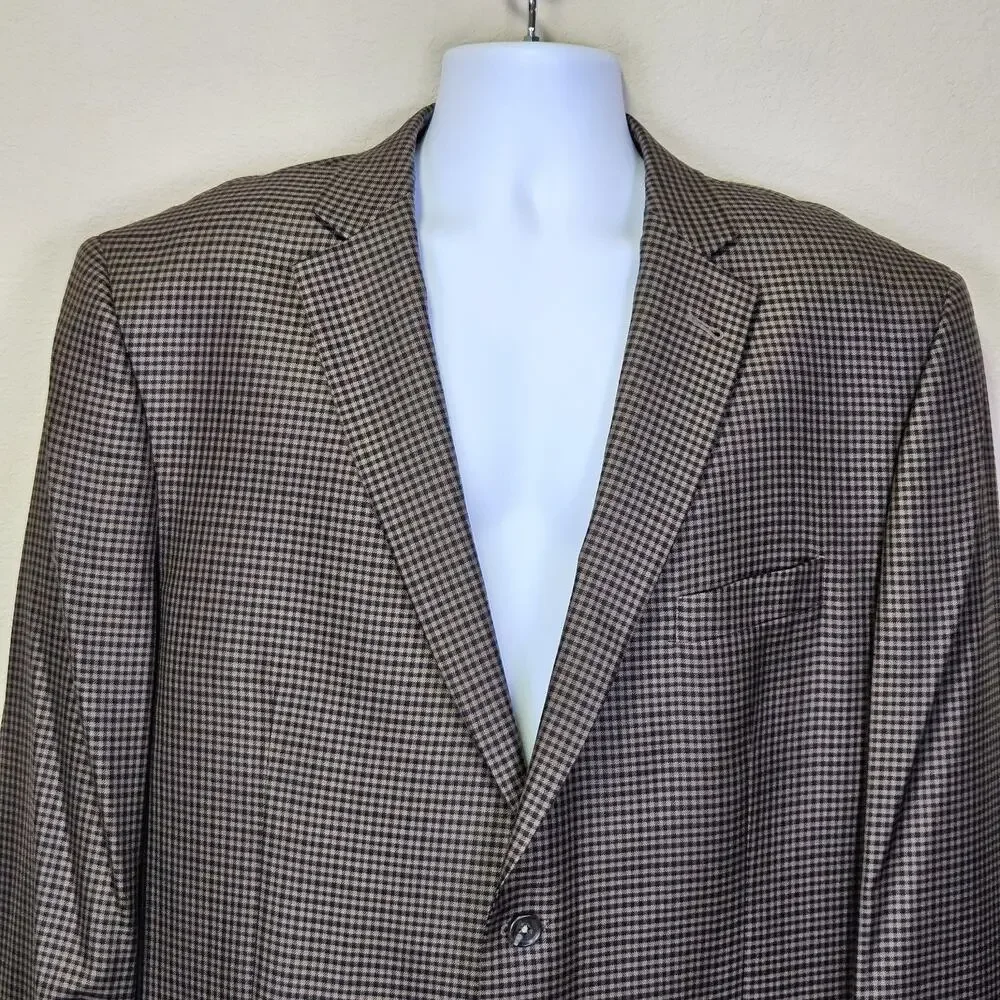Jos A Bank Blazer Mens 48L Tailored Fit Signature Wool Silk Check Brown Black